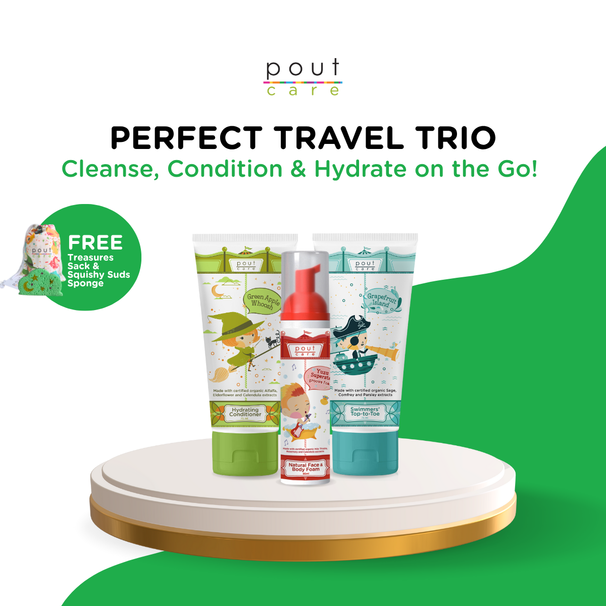 pout Care Travel Kit: Face & Body Foam (80ml), 2-in-1 Chlorine Removal Wash (75ml), Hydrating Conditioner (75ml)